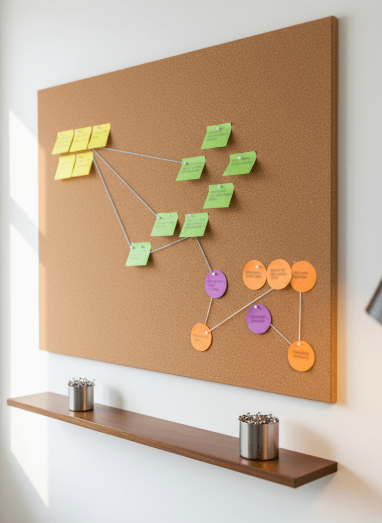 A close-up of a large, high-quality corkboard mounted on a clean white office wall, covered with a small number of color-coded sticky notes arranged in deliberate clusters and pathways. Thin cotton string subtly connects a few notes, forming an evolving map of ideas and goals. A polished metal pushpin container sits on a narrow floating shelf beneath, catching a sliver of warm desk-lamp light. Natural daylight from the left mixes with the warm artificial glow, creating a balanced, professional ambiance. Photographic realism, shot straight-on with shallow depth of field, keeps the notes legible as shapes and colors without readable text, evoking strategy, clarity, and the structured thinking of professional coaching.
