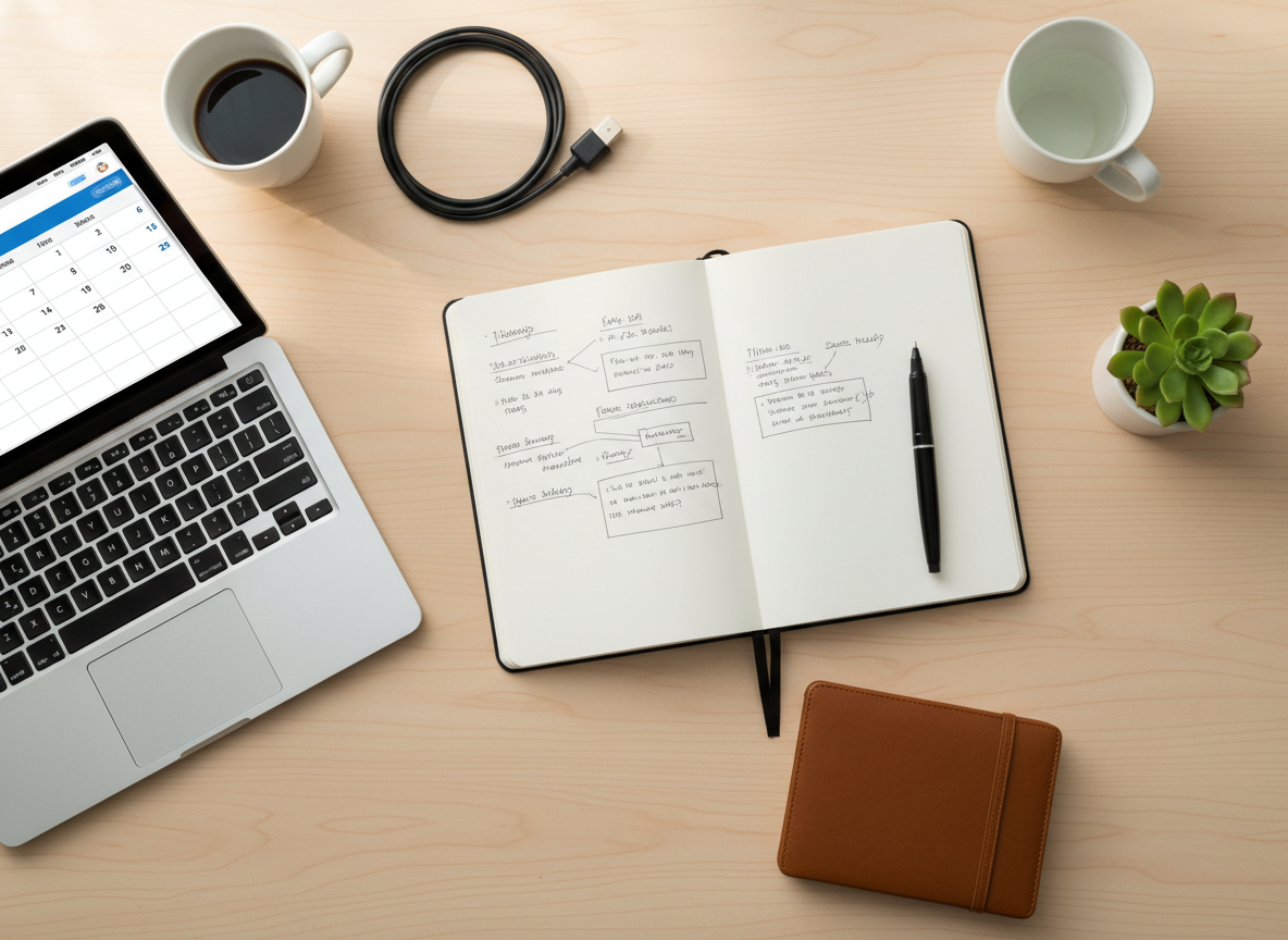 An overhead view of a tidy workspace featuring three distinct zones on a pale wood desk: a tablet displaying an abstract, upward-shifting pattern; a lined notebook open to a clean two-page spread with a single, underlined heading space; and a slim, matte-finish card depicting a simple mountain silhouette with multiple ascending routes. A neutral-toned ceramic mug of tea sits to one side, steam faintly visible. Soft, diffused daylight from an unseen window creates a gentle, even illumination with almost no harsh shadows. Photographic realism with sharp focus throughout emphasizes order and clarity. The composition and atmosphere feel calm, structured, and optimistic, suggesting a coaching session where new strategies and perspectives are being thoughtfully mapped out.
